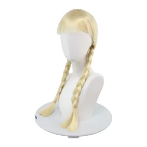 Blonde synthetic wig with bangs and twin braids, perfect for cosplay and party styling.