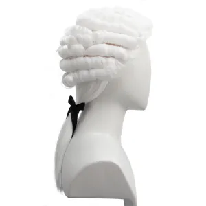 White colonial judge lawyer wig with black bow ponytail for cosplay party dress up costume
