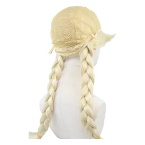 Light blonde twin braided cosplay wig with inner net cap for theme party and events.