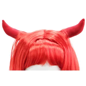 Red devil horns wig detail view, perfect for cosplay parties, Halloween dress up and fun stage events.