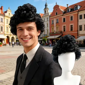 Men Short Synthetic Wig Black Fluffy Short Curly Hairpiece European American Fashion Daily Styling Wigs For Men