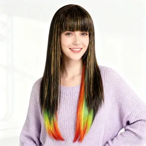 Lange Glatte Lolita Perücke Mit Pony Schwarze Regenbogen Strähnen Synthetisches Haar Hochtemperaturfaser Party Perücke