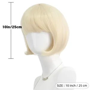 Short blonde bob wig with bangs 10 inch synthetic hair for women daily wear and fashion styling.