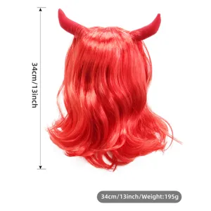 Red devil horn wig detail view, perfect for cosplay parties and stage performances.