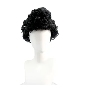 Detail view of the black short curly synthetic mens wig showing fluffy styling texture.