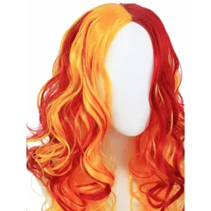 Close-up view of a long wavy cosplay wig featuring split red and yellow colors on a white head.