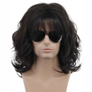 Men 80s punk rock curly wig short black fluffy hair with cool sunglasses for cosplay