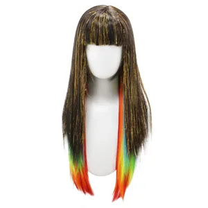 Lange glatte Regenbogen Perücke mit Pony und goldenen Lamettasträhnen für Partys und Lolita.