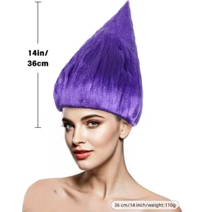 Parrucca troll viola capelli alti anti-gravità divertente costume Halloween capelli corti 36cm