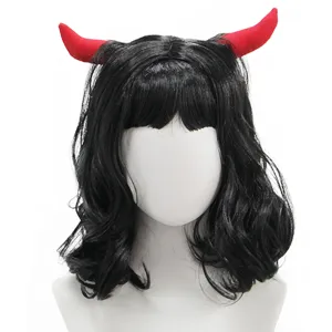 Black curly wig with red devil horns detail, sweet cool style cosplay party headwear.