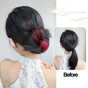 Synthetisch haar knotje extensie detail met zwart rode kleur strengen kapsel transformatie.