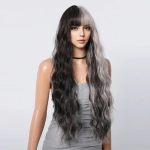 Detail view of the two-tone long curly synthetic wig featuring black and grey split bangs.