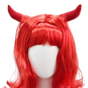 Red wig with devil horns sweet cool style cosplay party stage funny costume hairpiece