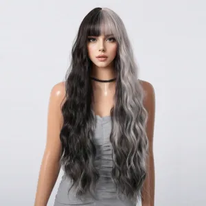 Detailed view of long wavy split-dye wig with bangs in black and grey high temp fiber.