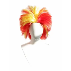 Dettaglio parrucca tifoso colorata, capelli corti rossi gialli vivaci con glitter per eventi.