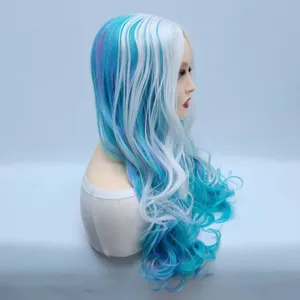 Parrucca sintetica lunga riccia con meches blu e bianche, stile ondulato per cosplay.
