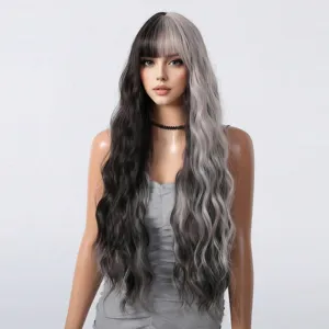 Two tone long wavy synthetic wig with natural bangs, black and grey party daily hair extension