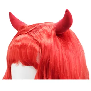 Bright red devil horn wig synthetic hair costume headwear for cosplay party stage performance.
