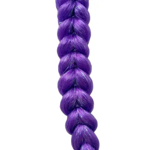 Purple synthetic hair braid extension with glitter strands, thick chunky hair piece for styling.