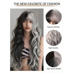 Fashion two-tone synthetic long wavy wig with bangs, natural hairline, black and grey split.