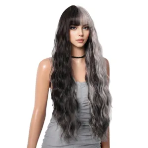 Fashion two-tone black and grey long wavy synthetic wig with bangs for daily wear