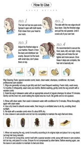 Wig wearing guide and washing care instruction detail graphic showing step by step tutorial.