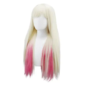 Perruque postiche longue et raide avec dégradé rose, extension synthétique 60cm.