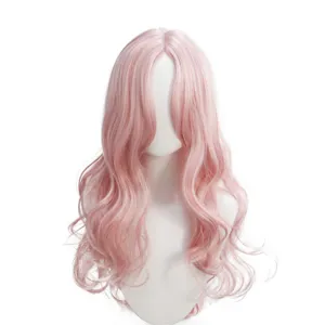 Pink long wavy wig detail view showing soft natural texture and beautiful gradient curls.