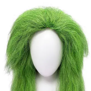 Perruque longue et bouclée verte sorcière Halloween, coiffe monstre rigolote pour fête et cosplay.