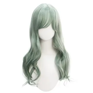 Long wavy green synthetic wig with bangs for daily wear or cosplay, natural look.