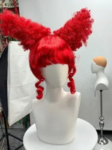 Red Queen Cosplay Wig Short Curly Red Hair with Horns Halloween Party Anime Costume Prop