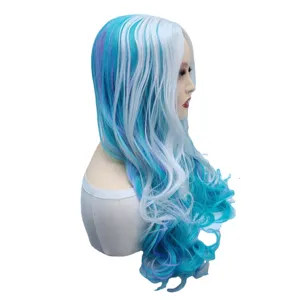 Parrucca lunga riccia sintetica con ciocche blu e bianche, ondulata per cosplay e festa.