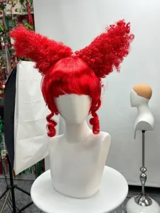 Red horn cosplay wig short red hair with bangs for Halloween anime character costume party display