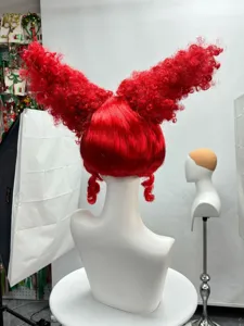 Red Queen Cosplay Wig Short Red Hair Double Horns Halloween Anime Costume Hairpiece
