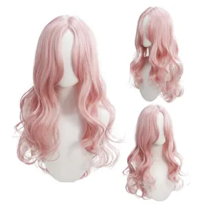 Pink long wavy wig with bangs, natural synthetic hair for daily wear and cosplay styling.