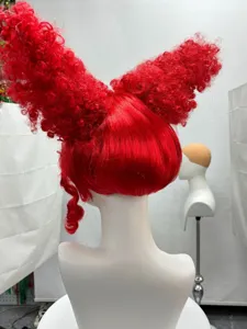 Red cosplay wig detail view, short anime style with double horns, perfect for Halloween.