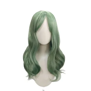 Green long wavy wig with bangs, natural synthetic hair full head wig for daily or cosplay.