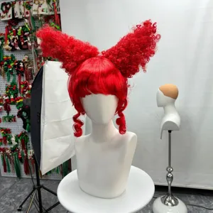 Halloween Cosplay Red Queen Wig Short Curly Hair with Double Horns Bangs Synthetic Fiber Anime Party Wig