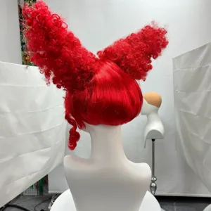 Red Queen cosplay wig short curly hair with horns Halloween anime party synthetic wig for women