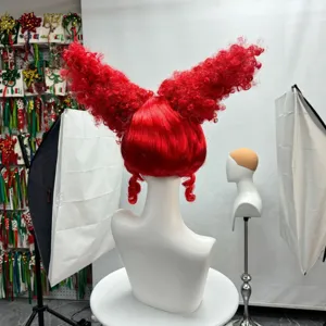 Red Queen cosplay wig short curly hair with horns Halloween anime party costume hairpiece
