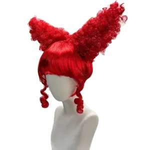 Red Queen cosplay wig short red anime hair with bangs and giant horns for Halloween party