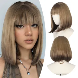 Short bob wig with bangs gradient brown straight hair for daily fashion wear new style