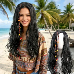 Synthetic Black Long Wavy Curly Wig With Colorful Braids And Beads Party Cosplay Halloween Wig For Women Men