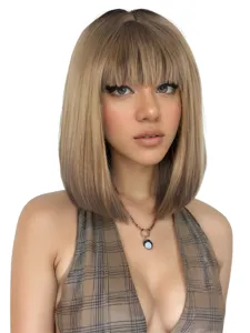 Fashion short bob wig with straight bangs and natural gradient color for daily style and party wear.