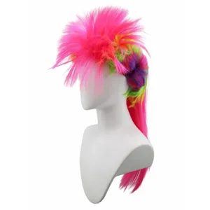 Bunte Neon Punk Perücke für Halloween Party, langes Mohawk Kostüm Haarteil Karneval.