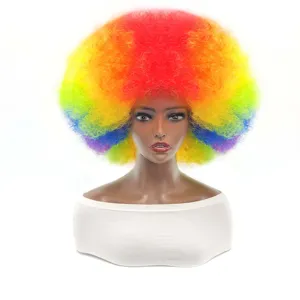 Detailed view of the colorful rainbow afro wig, fluffy synthetic costume party hair.