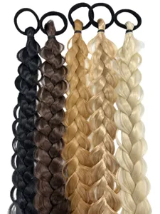 Synthetic braided ponytail hair extension detail view showing multi-color braid texture clearly.