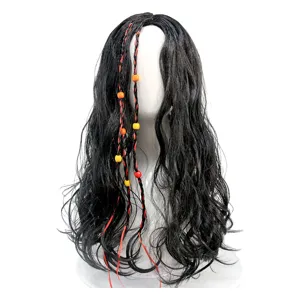 Black long wavy pirate wig with colorful braids and beads, ideal for cosplay and Halloween.
