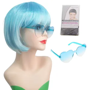 Perruque bob bleue et lunettes cœur dégradées, accessoire de déguisement de fête.