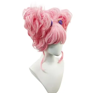 Pink curly cosplay wig detail shot featuring fluffy twin buns and cute purple flower accessories.